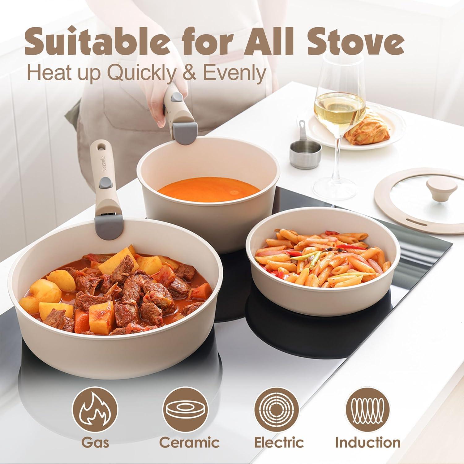 image:imageSENSARTE 24 Piece Pots and Pans Set Nonstick Detachable Handle Cookware Induction Kitchen Cookware Set with Removable Handle Healthy Non Stick for RV DishwasherOven Safe BlackAlmond Beige