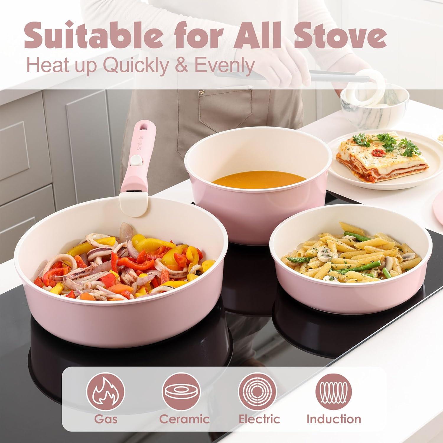 image:imageSENSARTE 24 Piece Pots and Pans Set Nonstick Detachable Handle Cookware Induction Kitchen Cookware Set with Removable Handle Healthy Non Stick for RV DishwasherOven Safe BlackPink