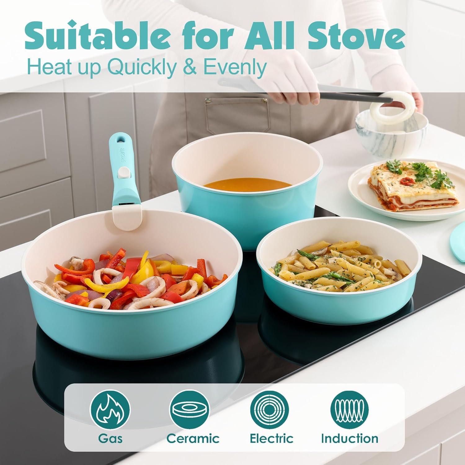 image:imageSENSARTE 24 Piece Pots and Pans Set Nonstick Detachable Handle Cookware Induction Kitchen Cookware Set with Removable Handle Healthy Non Stick for RV DishwasherOven Safe BlackTurquoise