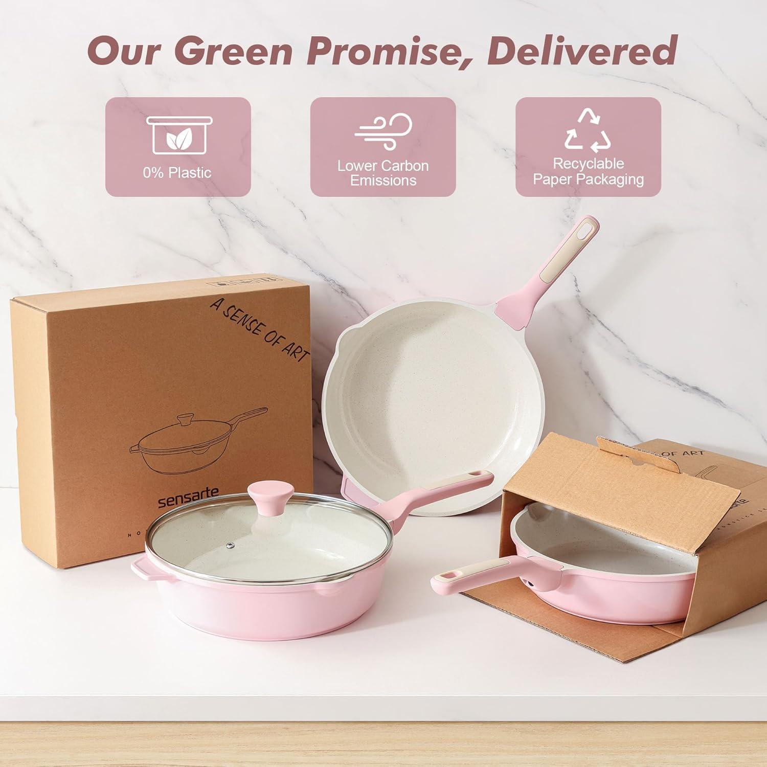 image:imageSENSARTE Nonstick Ceramic Skillet with Lid 12inch5QT Non Toxic Deep Frying Pan Saute Pan with Lid Staycool Handle Healthy Cooking Pot Dishwasher Safe Induction Compatible GreenSakura Pink