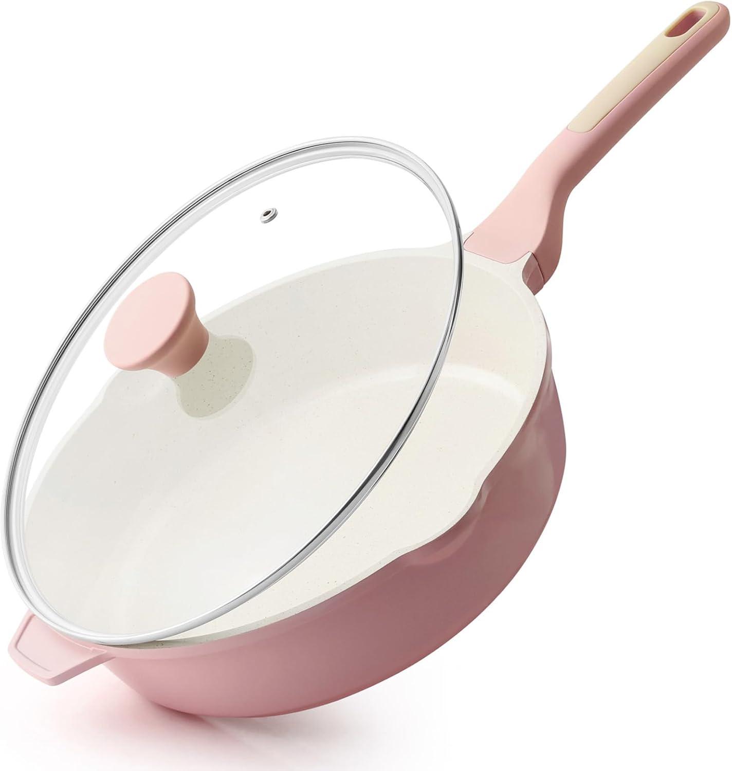 image:imageSENSARTE Nonstick Ceramic Skillet with Lid 12inch5QT Non Toxic Deep Frying Pan Saute Pan with Lid Staycool Handle Healthy Cooking Pot Dishwasher Safe Induction Compatible GreenSakura Pink