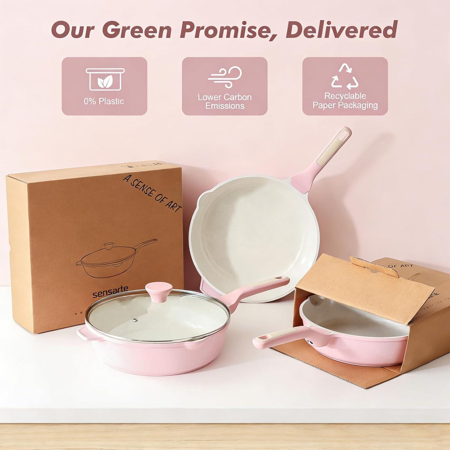 image:imageSENSARTE Nonstick Ceramic Skillet with Lid 12inch5QT Non Toxic Deep Frying Pan Saute Pan with Lid Staycool Handle Healthy Cooking Pot Dishwasher Safe Induction Compatible GreenSakura Pink