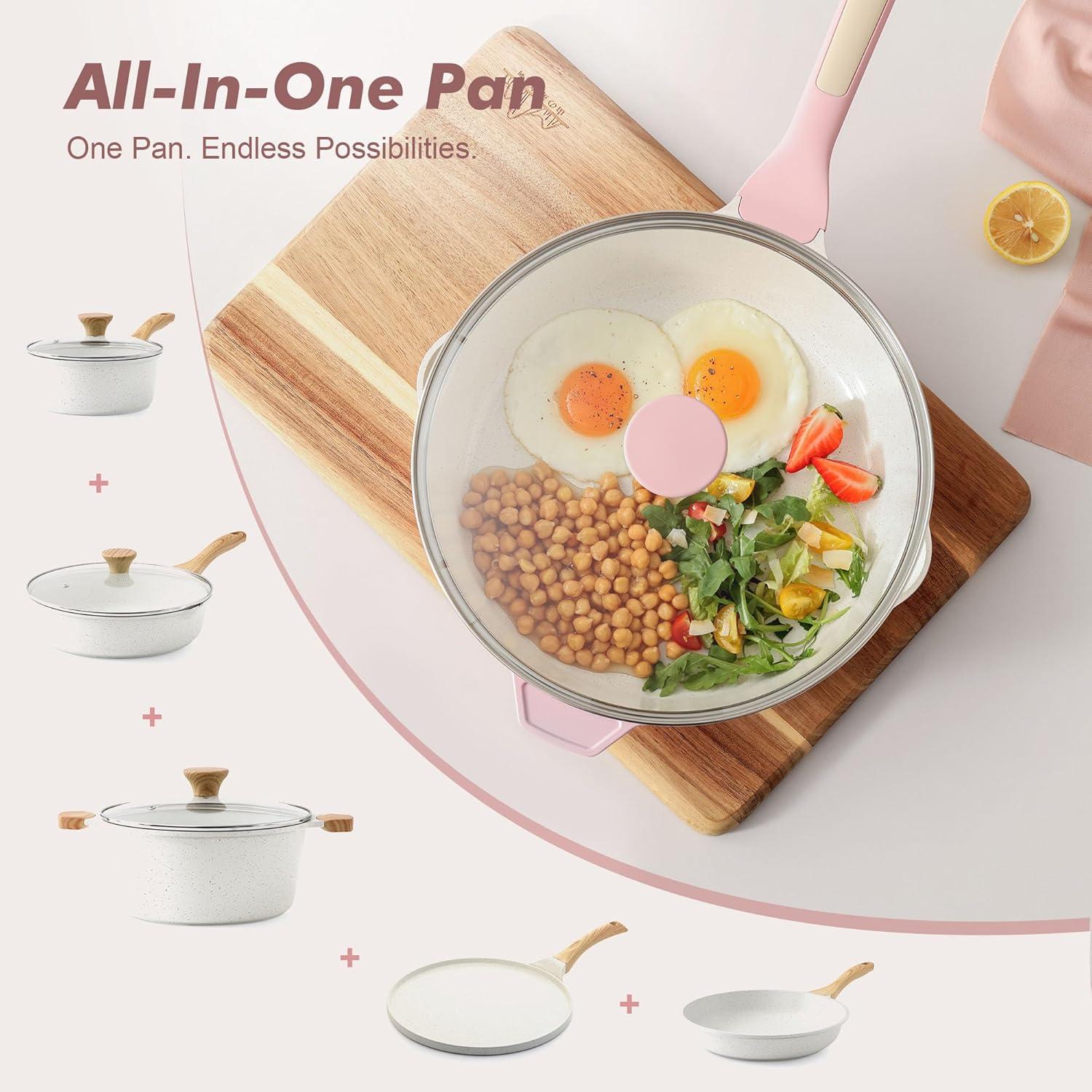 image:imageSENSARTE Nonstick Ceramic Skillet with Lid 12inch5QT Non Toxic Deep Frying Pan Saute Pan with Lid Staycool Handle Healthy Cooking Pot Dishwasher Safe Induction Compatible GreenSakura Pink