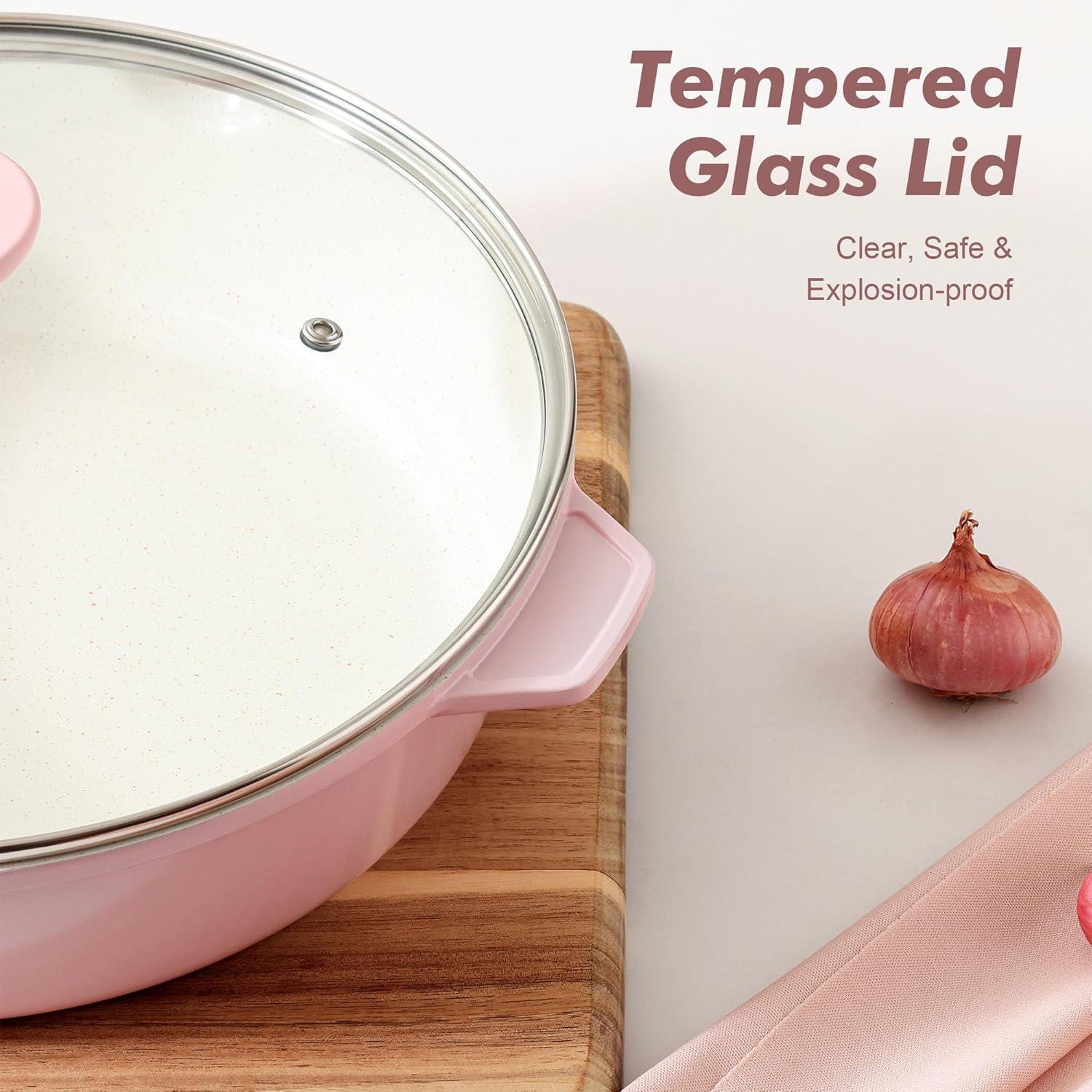 image:imageSENSARTE Nonstick Ceramic Skillet with Lid 12inch5QT Non Toxic Deep Frying Pan Saute Pan with Lid Staycool Handle Healthy Cooking Pot Dishwasher Safe Induction Compatible GreenSakura Pink