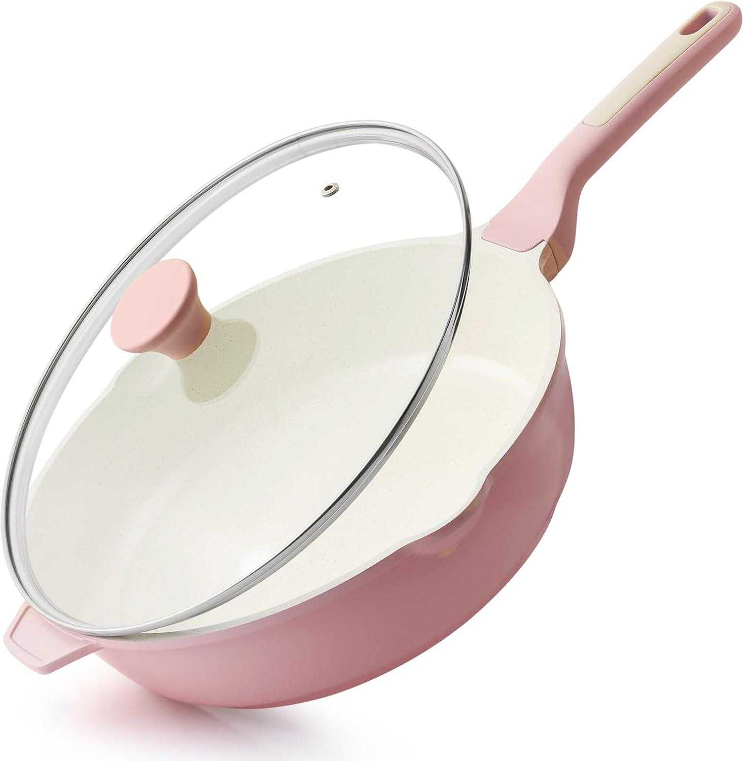 image:imageSENSARTE Nonstick Ceramic Skillet with Lid 12inch5QT Non Toxic Deep Frying Pan Saute Pan with Lid Staycool Handle Healthy Cooking Pot Dishwasher Safe Induction Compatible GreenSakura Pink