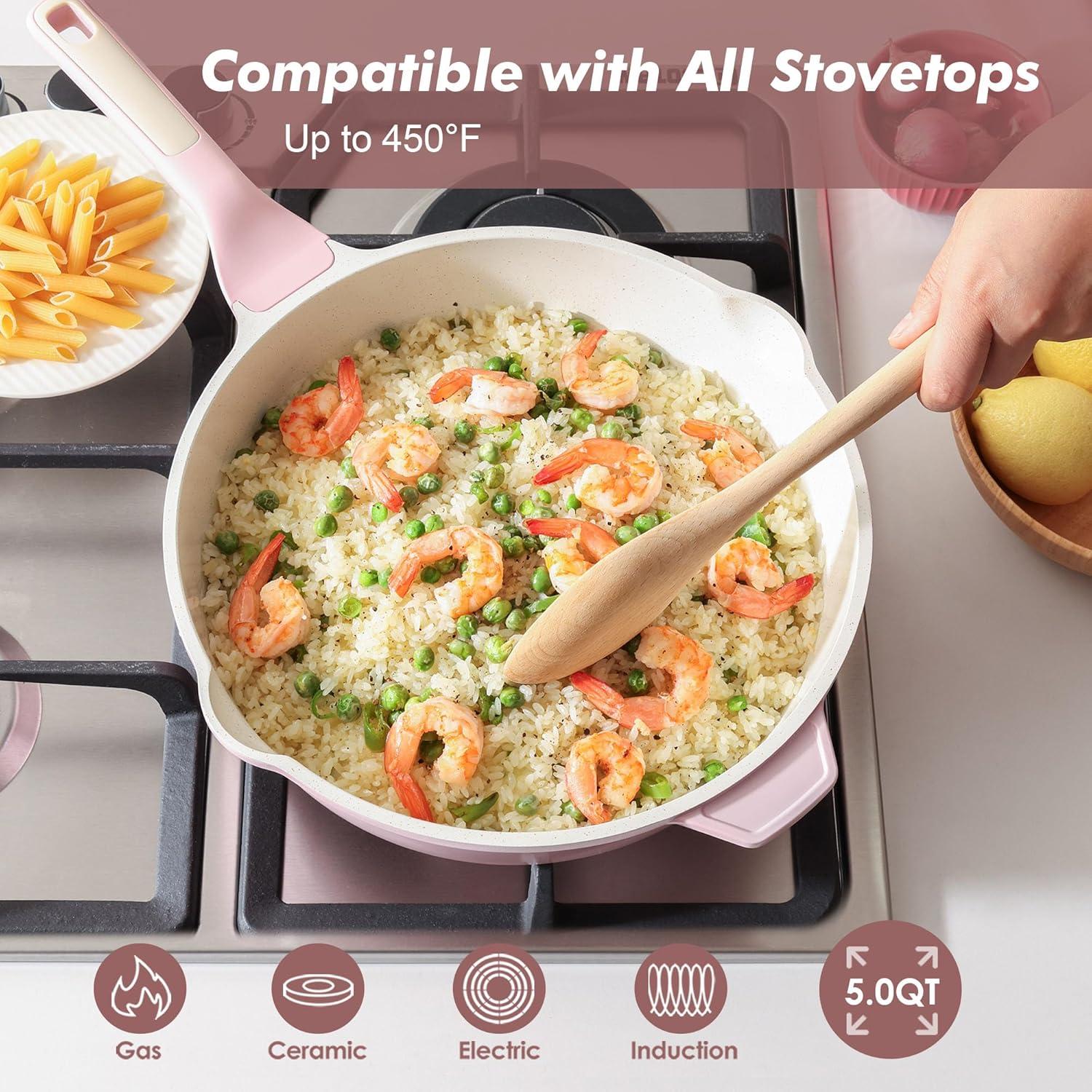 image:imageSENSARTE Nonstick Ceramic Skillet with Lid 12inch5QT Non Toxic Deep Frying Pan Saute Pan with Lid Staycool Handle Healthy Cooking Pot Dishwasher Safe Induction Compatible GreenSakura Pink