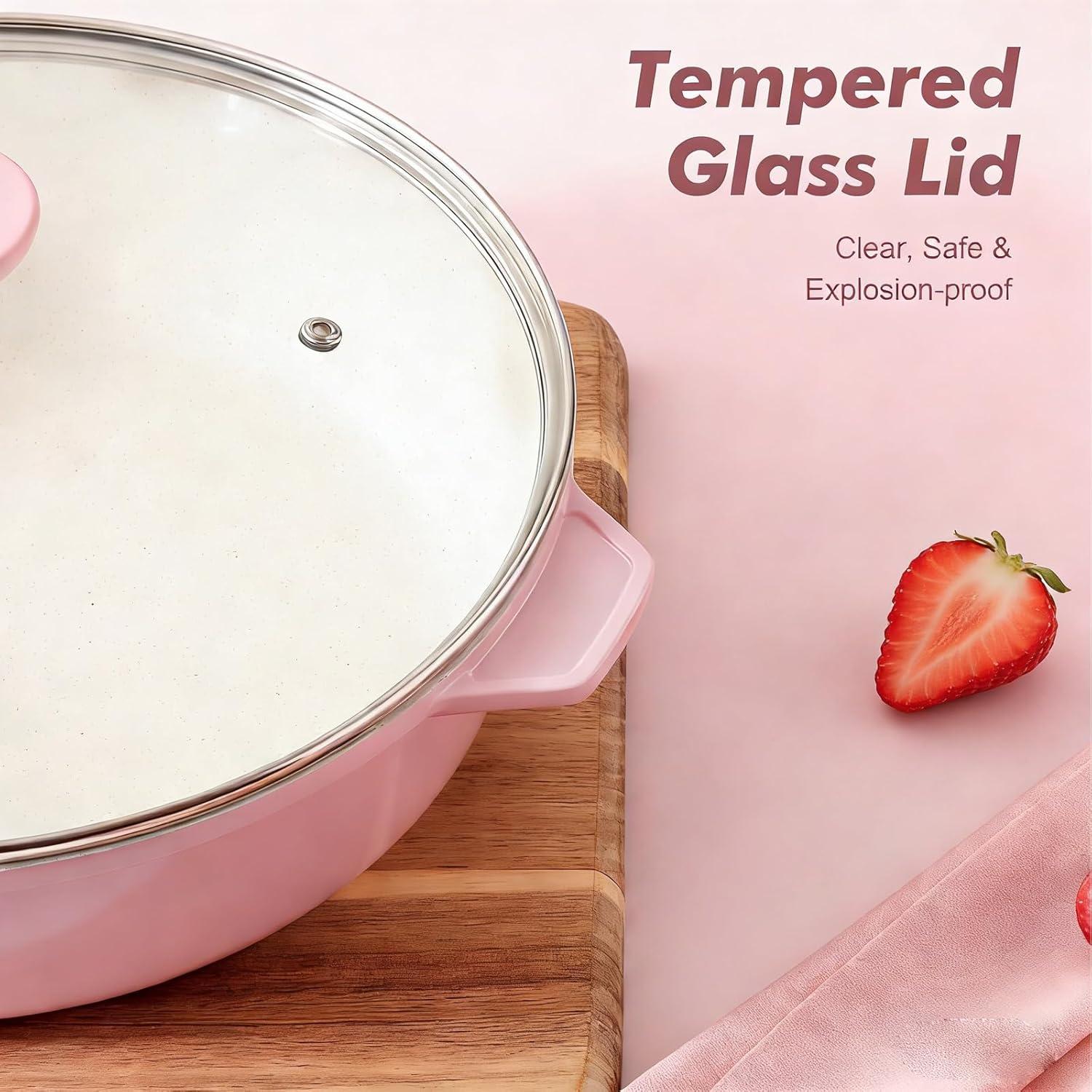 image:imageSENSARTE Nonstick Ceramic Skillet with Lid 12inch5QT Non Toxic Deep Frying Pan Saute Pan with Lid Staycool Handle Healthy Cooking Pot Dishwasher Safe Induction Compatible GreenSakura Pink