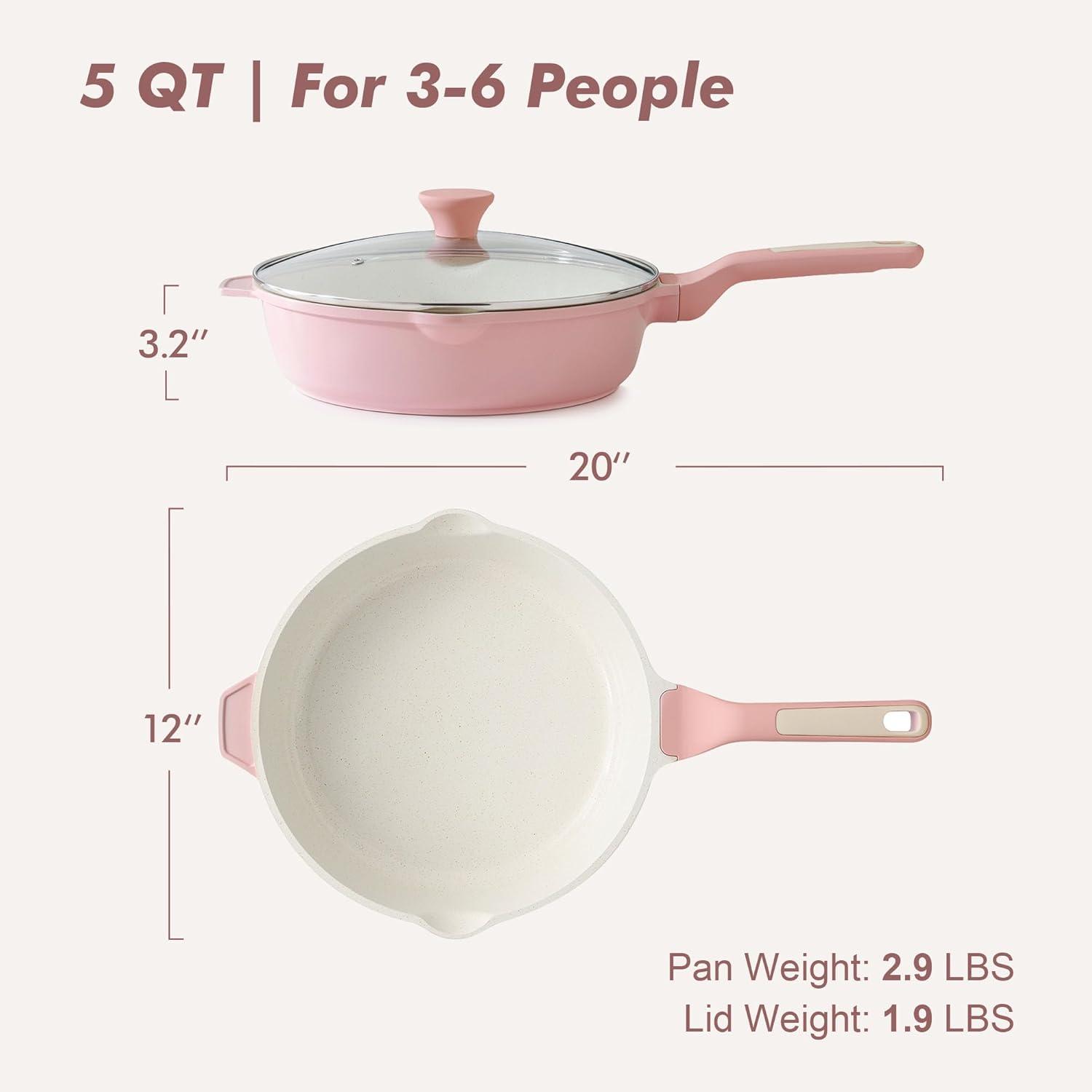 image:imageSENSARTE Nonstick Ceramic Skillet with Lid 12inch5QT Non Toxic Deep Frying Pan Saute Pan with Lid Staycool Handle Healthy Cooking Pot Dishwasher Safe Induction Compatible GreenSakura Pink