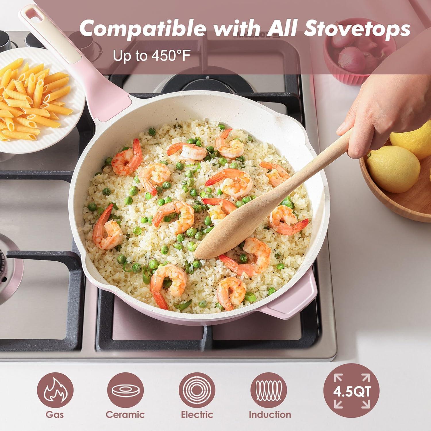 image:imageSENSARTE Nonstick Ceramic Skillet with Lid 12inch5QT Non Toxic Deep Frying Pan Saute Pan with Lid Staycool Handle Healthy Cooking Pot Dishwasher Safe Induction Compatible GreenSakura Pink