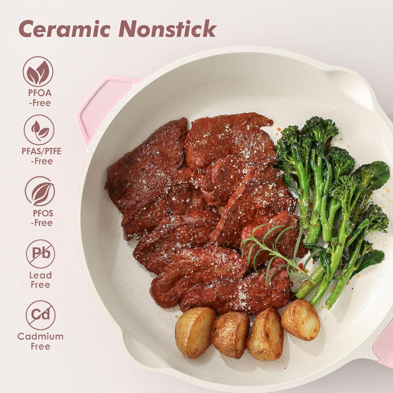image:imageSENSARTE Nonstick Ceramic Skillet with Lid 12inch5QT Non Toxic Deep Frying Pan Saute Pan with Lid Staycool Handle Healthy Cooking Pot Dishwasher Safe Induction Compatible GreenSakura Pink