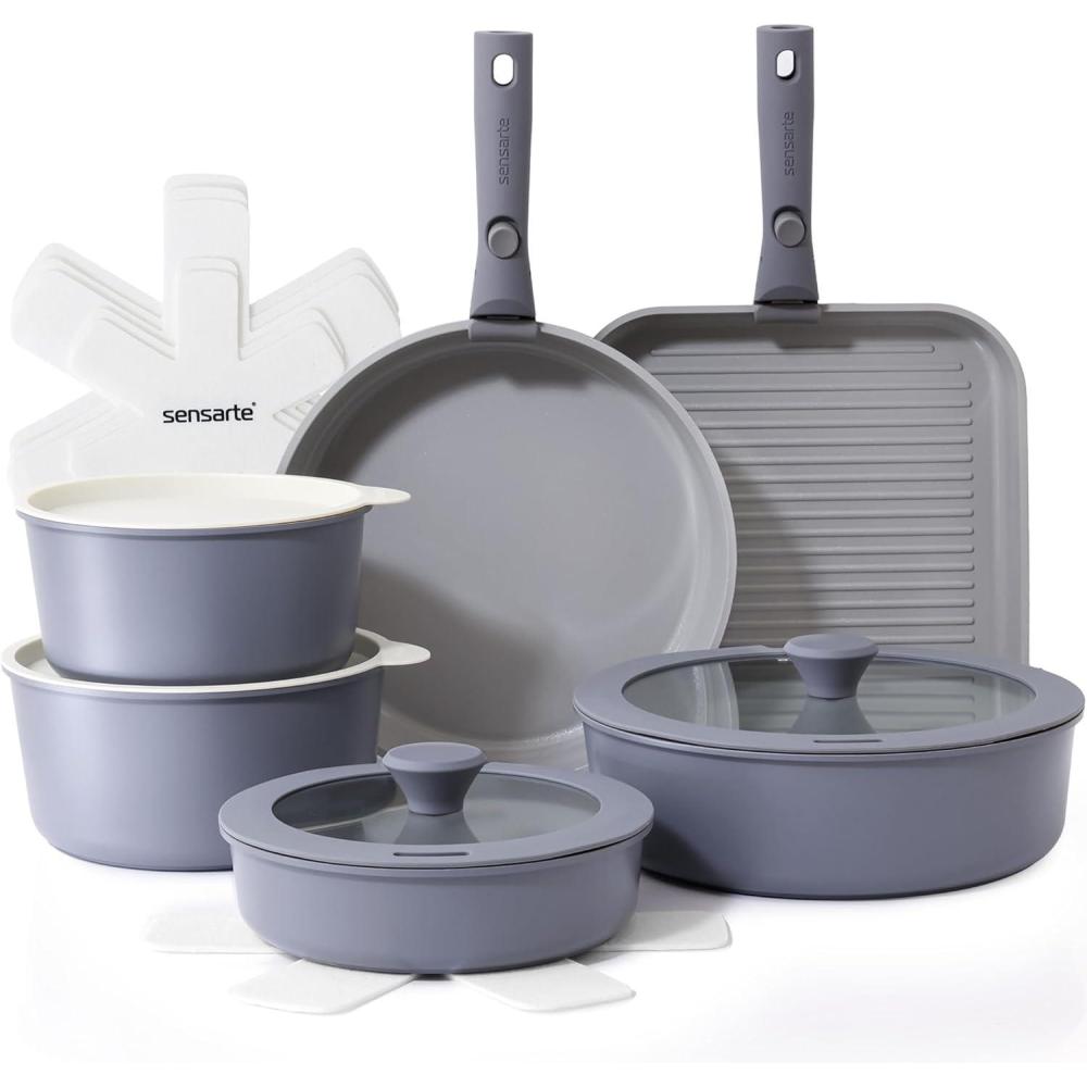 image:imageSENSARTE 17 Piece Ceramic Pots and Pans Set Nonstick Detachable Handle Cookware Induction Kitchen Cookware Set with Removable Handle Dishwasher  Oven Safe Almond BeigeGray
