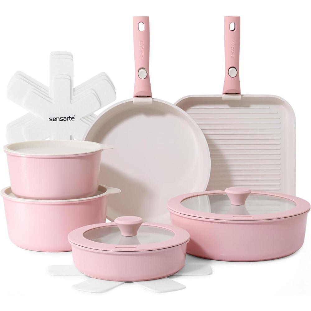 image:imageSENSARTE 17 Piece Ceramic Pots and Pans Set Nonstick Detachable Handle Cookware Induction Kitchen Cookware Set with Removable Handle Dishwasher  Oven Safe Almond BeigePink