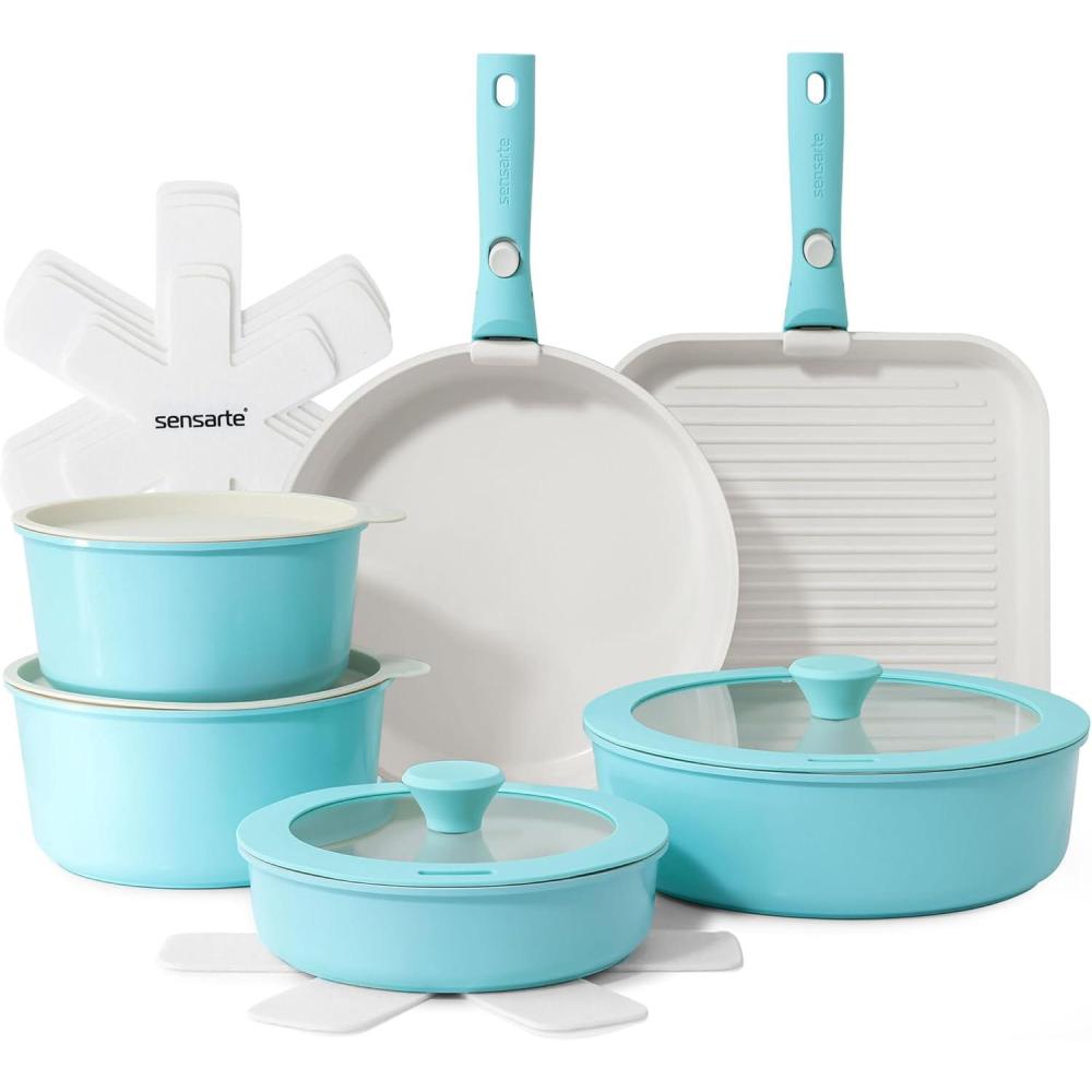 image:imageSENSARTE 17 Piece Ceramic Pots and Pans Set Nonstick Detachable Handle Cookware Induction Kitchen Cookware Set with Removable Handle Dishwasher  Oven Safe Almond BeigeTurquoise