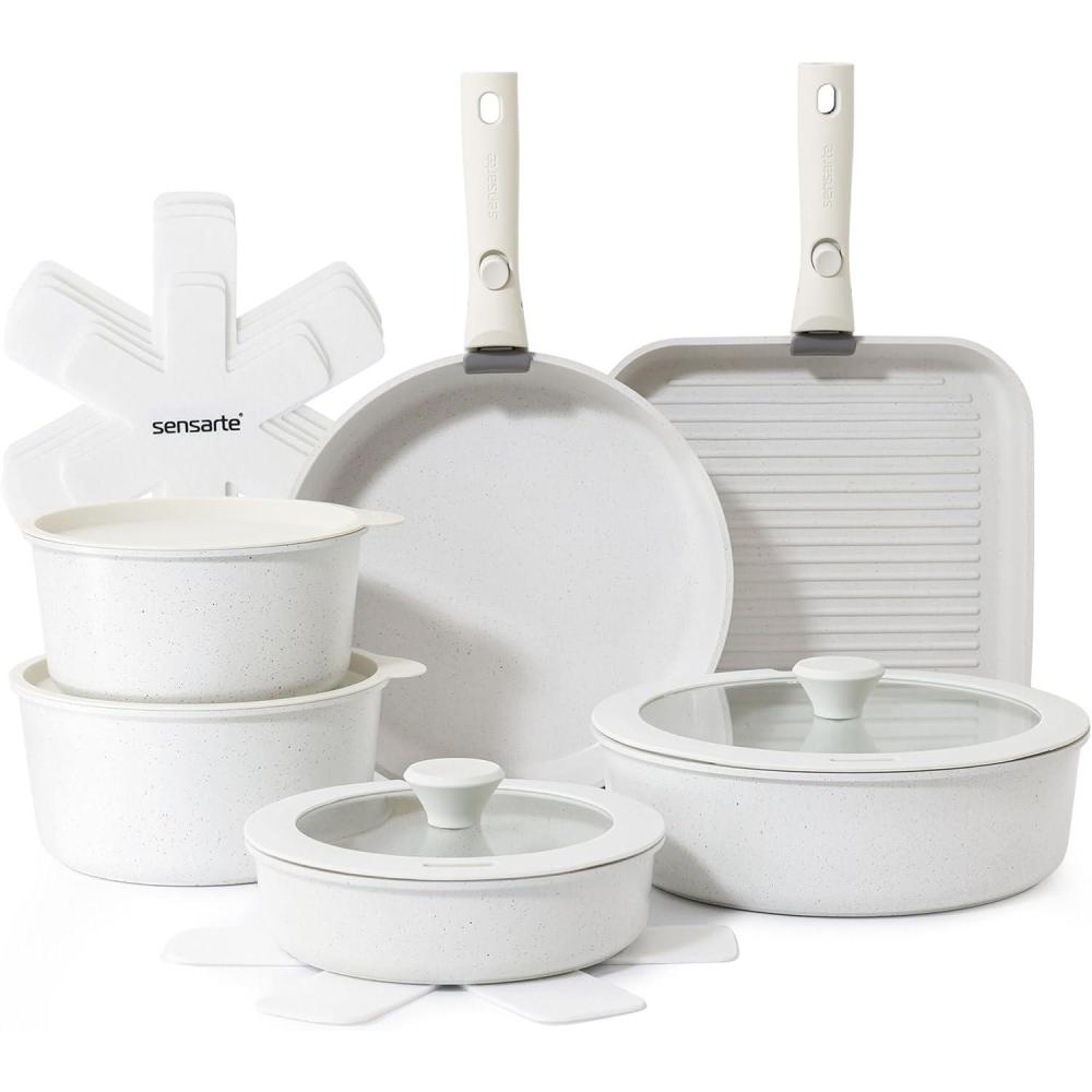 image:imageSENSARTE 17 Piece Ceramic Pots and Pans Set Nonstick Detachable Handle Cookware Induction Kitchen Cookware Set with Removable Handle Dishwasher  Oven Safe Almond BeigeWhite