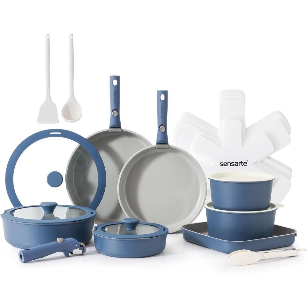image:imageSENSARTE 24 Piece Pots and Pans Set Nonstick Detachable Handle Cookware Induction Kitchen Cookware Set with Removable Handle Healthy Non Stick for RV DishwasherOven Safe BlackNavy