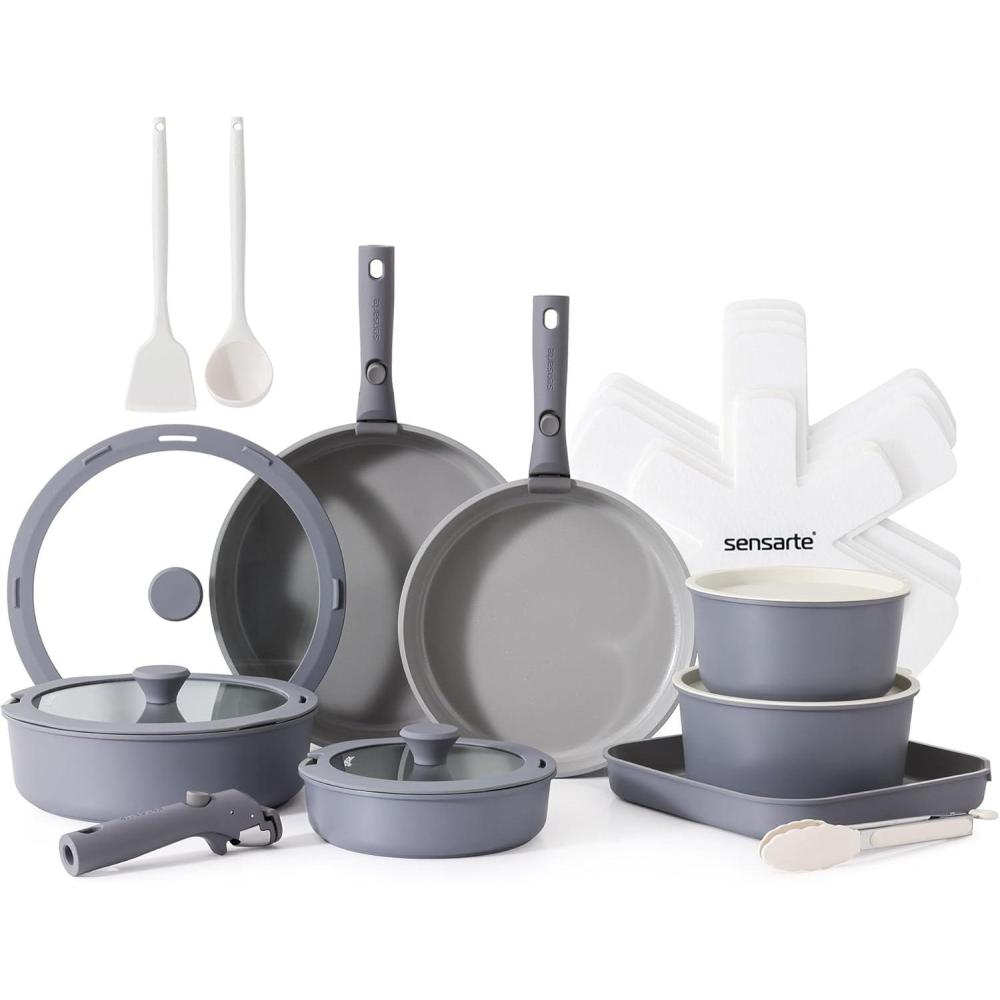 image:imageSENSARTE 24 Piece Pots and Pans Set Nonstick Detachable Handle Cookware Induction Kitchen Cookware Set with Removable Handle Healthy Non Stick for RV DishwasherOven Safe BlackGray