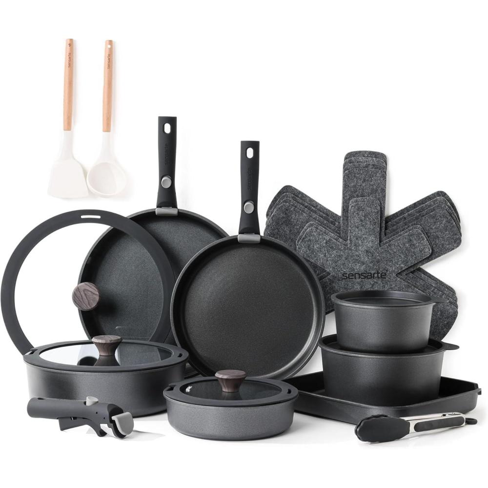 image:imageSENSARTE 24 Piece Pots and Pans Set Nonstick Detachable Handle Cookware Induction Kitchen Cookware Set with Removable Handle Healthy Non Stick for RV DishwasherOven Safe BlackBlack