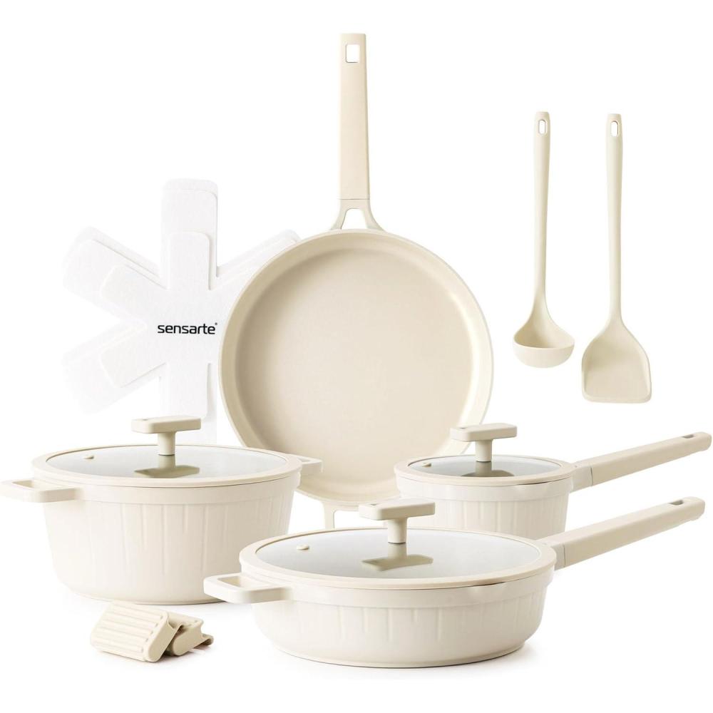 image:imageSENSARTE Ceramic Cookware Set Nontoxic 14 Pcs Nonstick Pots and Pans Set Dishwasher Safe Induction Cookware Healthy Kitchen Cooking Set PFOAPFASPTFE FreeVelvet White