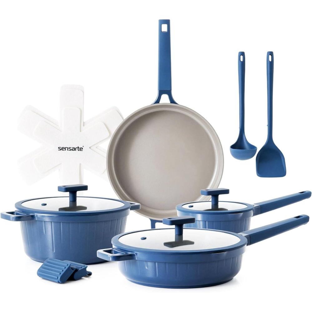 image:imageSENSARTE Ceramic Cookware Set Nontoxic 14 Pcs Nonstick Pots and Pans Set Dishwasher Safe Induction Cookware Healthy Kitchen Cooking Set PFOAPFASPTFE FreeVelvet Blue