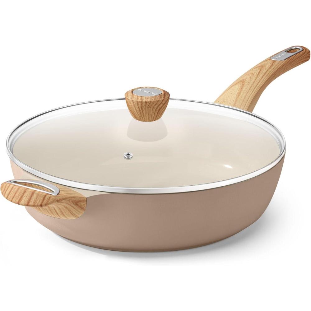 image:imageSENSARTE Ceramic Nonstick Frying Pan Skillet with Lid 133 Inch Large Deep Frying Pan 6 QT Saute Pan Induction Pan Healthy Non Toxic Cooking Pan with Helper Handle PFOA PFAS PTFE FreeCeramic Taupe