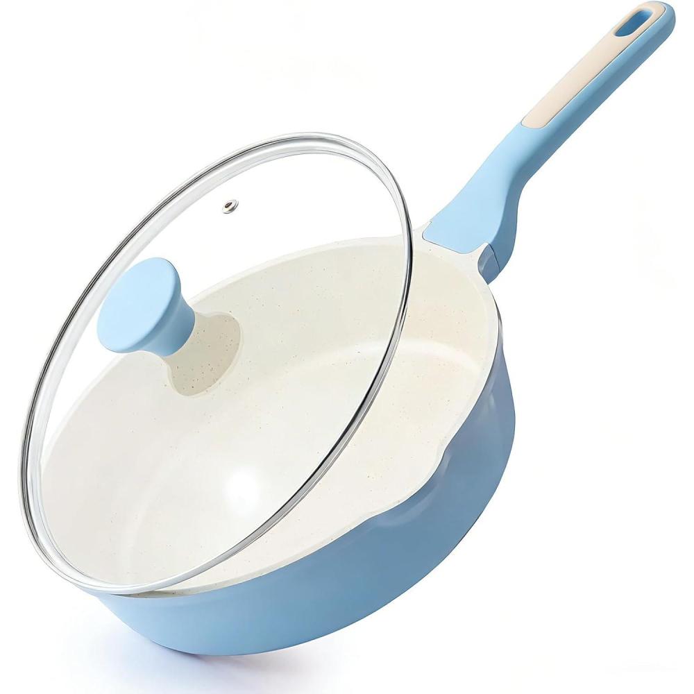 image:imageSENSARTE Nonstick Ceramic Skillet with Lid 12inch5QT Non Toxic Deep Frying Pan Saute Pan with Lid Staycool Handle Healthy Cooking Pot Dishwasher Safe Induction Compatible GreenGlicer Blue