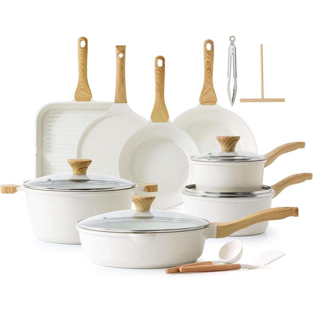 image:imageSENSARTE Nonstick Cookware Set 23Piece Non Stick Pots and Pans Set with Swiss Granite Coating Healthy Kitchen Cooking Set StayCool HandlesWhite