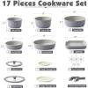 SENSARTE 17 Piece Ceramic Pots and Pans Set, Nonstick Detachable Handle Cookware, Induction Kitchen Cookware Set with Removable Handle, Dishwasher ＆ Oven Safe (Almond Beige)(Gray)
