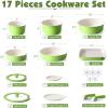 SENSARTE 17 Piece Ceramic Pots and Pans Set, Nonstick Detachable Handle Cookware, Induction Kitchen Cookware Set with Removable Handle, Dishwasher ＆ Oven Safe (Almond Beige)(Green)