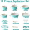 SENSARTE 17 Piece Ceramic Pots and Pans Set, Nonstick Detachable Handle Cookware, Induction Kitchen Cookware Set with Removable Handle, Dishwasher ＆ Oven Safe (Almond Beige)(Turquoise)