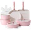 SENSARTE 17 Piece Ceramic Pots and Pans Set, Nonstick Detachable Handle Cookware, Induction Kitchen Cookware Set with Removable Handle, Dishwasher ＆ Oven Safe (Almond Beige)(Pink)