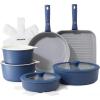 SENSARTE 17 Piece Ceramic Pots and Pans Set, Nonstick Detachable Handle Cookware, Induction Kitchen Cookware Set with Removable Handle, Dishwasher ＆ Oven Safe (Almond Beige)(Navy)