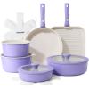 SENSARTE 17 Piece Ceramic Pots and Pans Set, Nonstick Detachable Handle Cookware, Induction Kitchen Cookware Set with Removable Handle, Dishwasher ＆ Oven Safe (Almond Beige)(Purple)