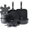 SENSARTE 17 Piece Ceramic Pots and Pans Set, Nonstick Detachable Handle Cookware, Induction Kitchen Cookware Set with Removable Handle, Dishwasher ＆ Oven Safe (Almond Beige)(Black)