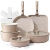 SENSARTE 17 Piece Ceramic Pots and Pans Set, Nonstick Detachable Handle Cookware, Induction Kitchen Cookware Set with Removable Handle, Dishwasher ＆ Oven Safe (Almond Beige)(Almond Beige)