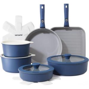 SENSARTE 17 Piece Ceramic Pots and Pans Set, Nonstick Detachable Handle Cookware, Induction Kitchen Cookware Set with Removable Handle, Dishwasher ＆ Oven Safe (Almond Beige)(Navy)