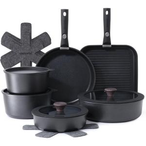 SENSARTE 17 Piece Ceramic Pots and Pans Set, Nonstick Detachable Handle Cookware, Induction Kitchen Cookware Set with Removable Handle, Dishwasher ＆ Oven Safe (Almond Beige)(Black)