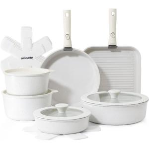 SENSARTE 17 Piece Ceramic Pots and Pans Set, Nonstick Detachable Handle Cookware, Induction Kitchen Cookware Set with Removable Handle, Dishwasher ＆ Oven Safe (Almond Beige)(White)