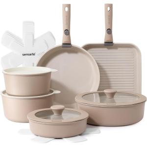 SENSARTE 17 Piece Ceramic Pots and Pans Set, Nonstick Detachable Handle Cookware, Induction Kitchen Cookware Set with Removable Handle, Dishwasher ＆ Oven Safe (Almond Beige)(Almond Beige)
