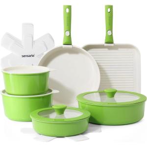SENSARTE 17 Piece Ceramic Pots and Pans Set, Nonstick Detachable Handle Cookware, Induction Kitchen Cookware Set with Removable Handle, Dishwasher ＆ Oven Safe (Almond Beige)(Green)