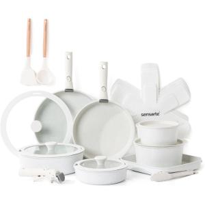 SENSARTE 24 Piece Pots and Pans Set, Nonstick Detachable Handle Cookware, Induction Kitchen Cookware Set with Removable Handle, Healthy Non Stick for RV, Dishwasher＆Oven Safe (Black)(White)