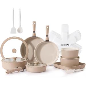 SENSARTE 24 Piece Pots and Pans Set, Nonstick Detachable Handle Cookware, Induction Kitchen Cookware Set with Removable Handle, Healthy Non Stick for RV, Dishwasher＆Oven Safe (Black)(Almond Beige)
