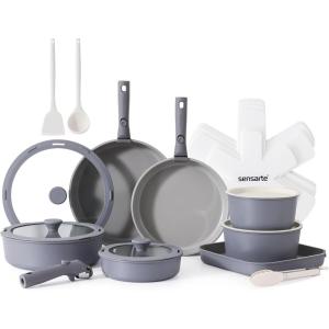 SENSARTE 24 Piece Pots and Pans Set, Nonstick Detachable Handle Cookware, Induction Kitchen Cookware Set with Removable Handle, Healthy Non Stick for RV, Dishwasher＆Oven Safe (Black)(Gray)