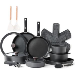 SENSARTE 24 Piece Pots and Pans Set, Nonstick Detachable Handle Cookware, Induction Kitchen Cookware Set with Removable Handle, Healthy Non Stick for RV, Dishwasher＆Oven Safe (Black)(Black)