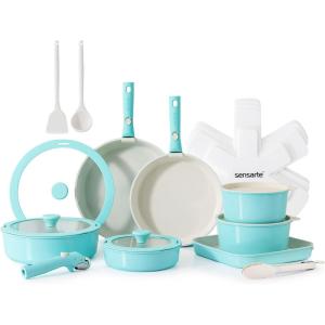 SENSARTE 24 Piece Pots and Pans Set, Nonstick Detachable Handle Cookware, Induction Kitchen Cookware Set with Removable Handle, Healthy Non Stick for RV, Dishwasher＆Oven Safe (Black)(Turquoise)