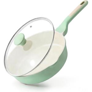 SENSARTE Nonstick Ceramic Skillet with Lid 12-inch/5QT, Non Toxic Deep Frying Pan, Saute Pan with Lid, Stay-cool Handle, Healthy Cooking Pot Dishwasher Safe, Induction Compatible, Green(Mint Green)
