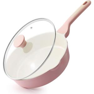 SENSARTE Nonstick Ceramic Skillet with Lid 12-inch/5QT, Non Toxic Deep Frying Pan, Saute Pan with Lid, Stay-cool Handle, Healthy Cooking Pot Dishwasher Safe, Induction Compatible, Green(Sakura Pink)
