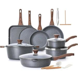 SENSARTE Nonstick Cookware Set 23-Piece, Non Stick Pots and Pans Set with Swiss Granite Coating, Healthy Kitchen Cooking Set, Stay-Cool Handles(Gray)