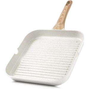 SENSARTE Nonstick Grill Pan for Stove Tops, Versatile Griddle with Pour Spouts, Square Big Cooking Surface, Durable Skillet Indoor & Outdoor Grilling. PFOA Free, 9.5 Inch(White Ceramic)