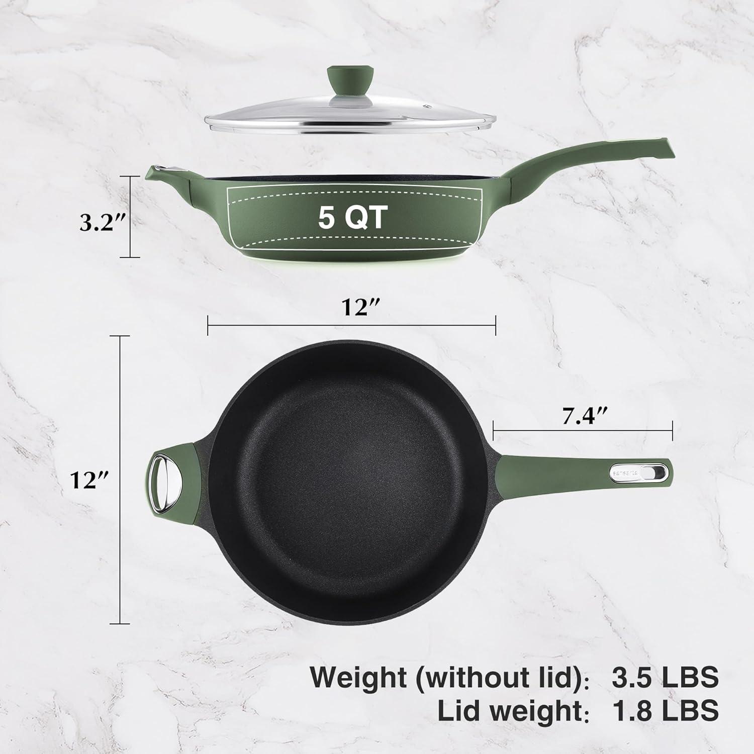 image:imageSENSARTE 12 Inch Nonstick Deep Frying Pan 5Qt Non Stick Saute Pan with Lid Large Skillet with Helper Handle DiamondampTitanium Scratch Resistant Induction Compatible PFOA PFOS APEO Free Sage