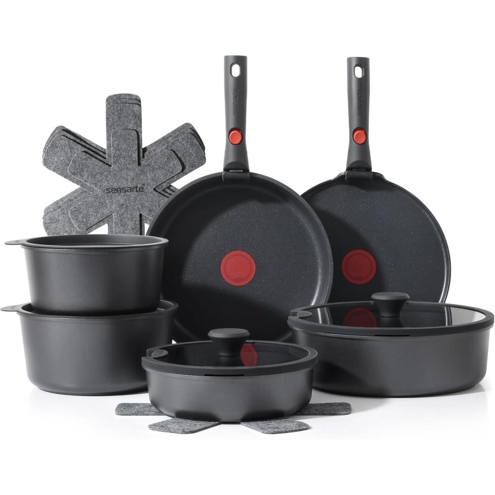 image:imageSENSARTE 17 Piece Pots and Pans Set Nonstick Detachable Handle Cookware Set Induction ThermoSignal Cookware Set with Removable Handle Healthy Non Stick for RV Dishwasher  Oven Safe PurpleBlack